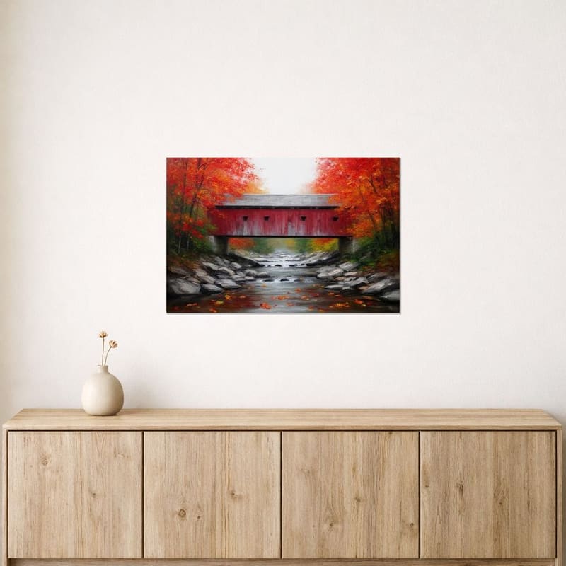 Covered Bridge print hanging above a light wood sideboard.