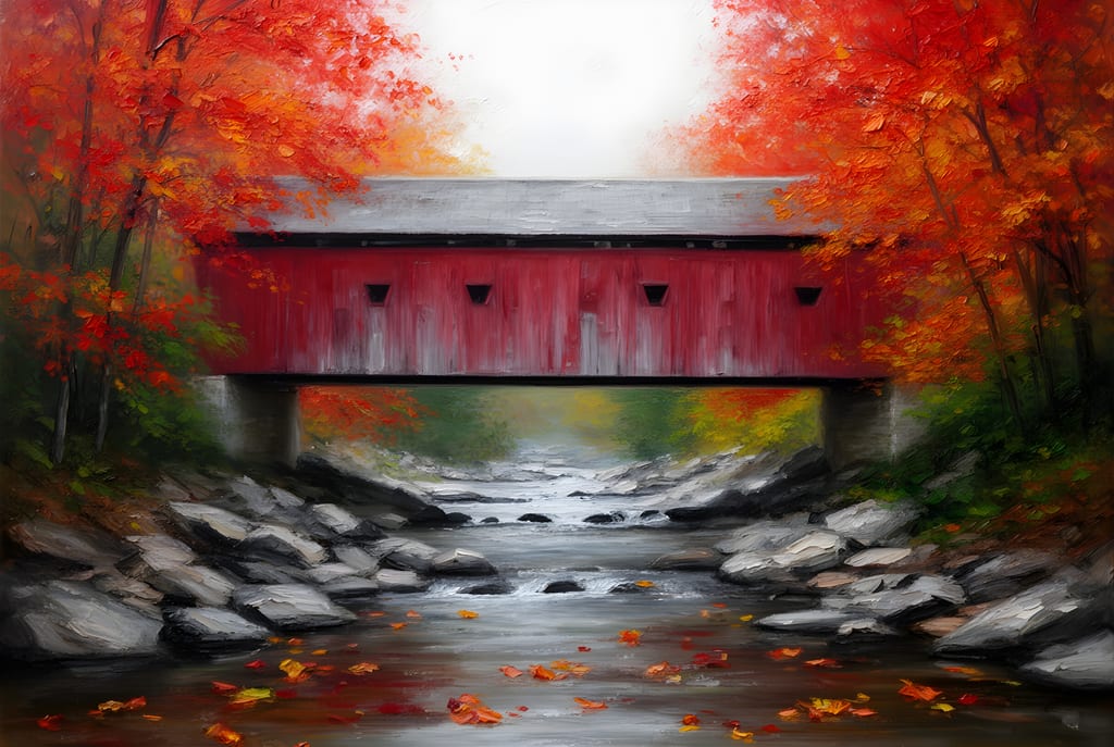 Painting of a red covered bridge over a rocky stream surrounded by bright autumn maples.