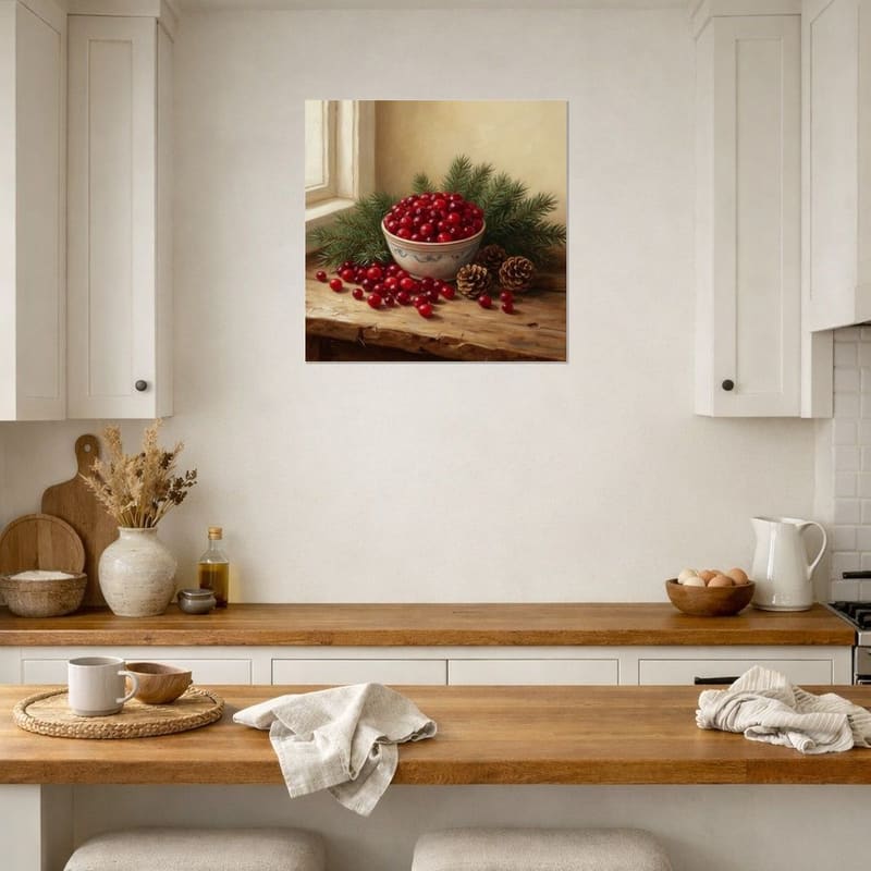 Cranberry and Fir hanging as a square print on a kitchen wall.