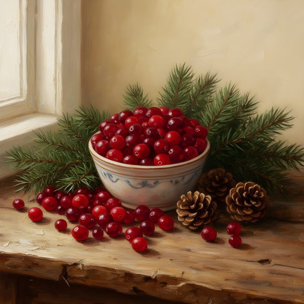 Still life oil painting of cranberries spilling from a ceramic bowl with fir sprigs and pinecones in window light.