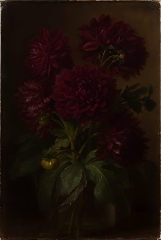 Moody botanical painting of deep burgundy dahlias and dark foliage against a near-black background.