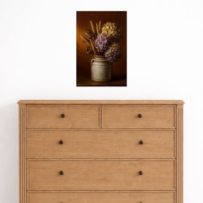Dried Hydrangeas print hanging above a light oak dresser.