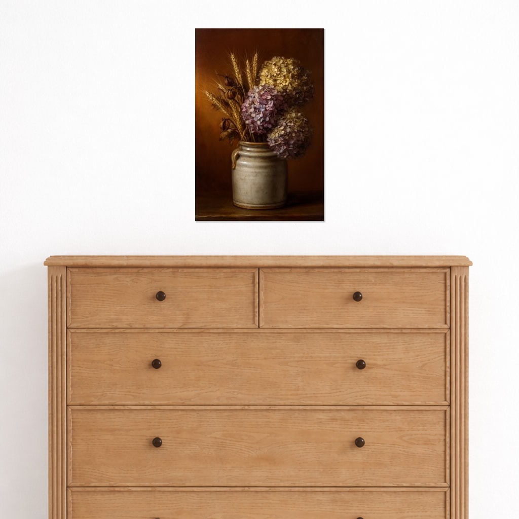 Dried Hydrangeas print hanging above a light oak dresser.