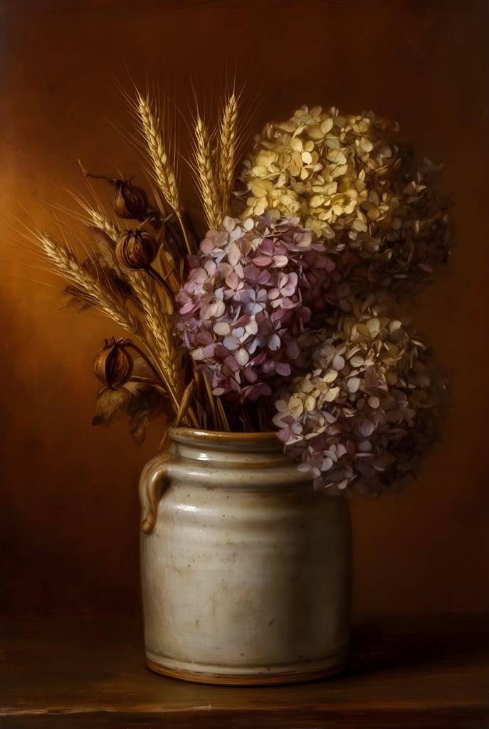Old-world still life painting of dried hydrangeas, wheat stems and seed pods in a stoneware crock.