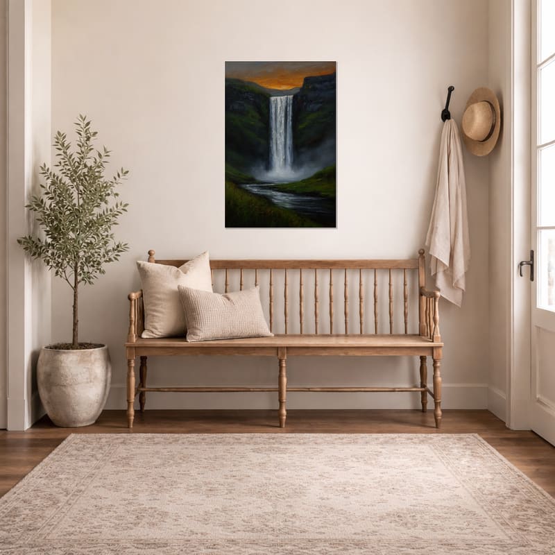 Dusk Falls print hanging as a tall canvas on an entryway wall.