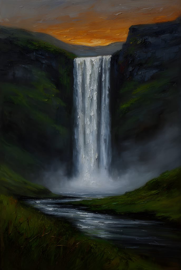 Impressionist painting of a tall waterfall falling into a mossy gorge at dusk.