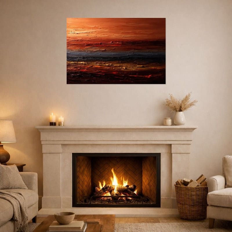 Ember Strata abstract hanging as a large canvas above a lit fireplace.