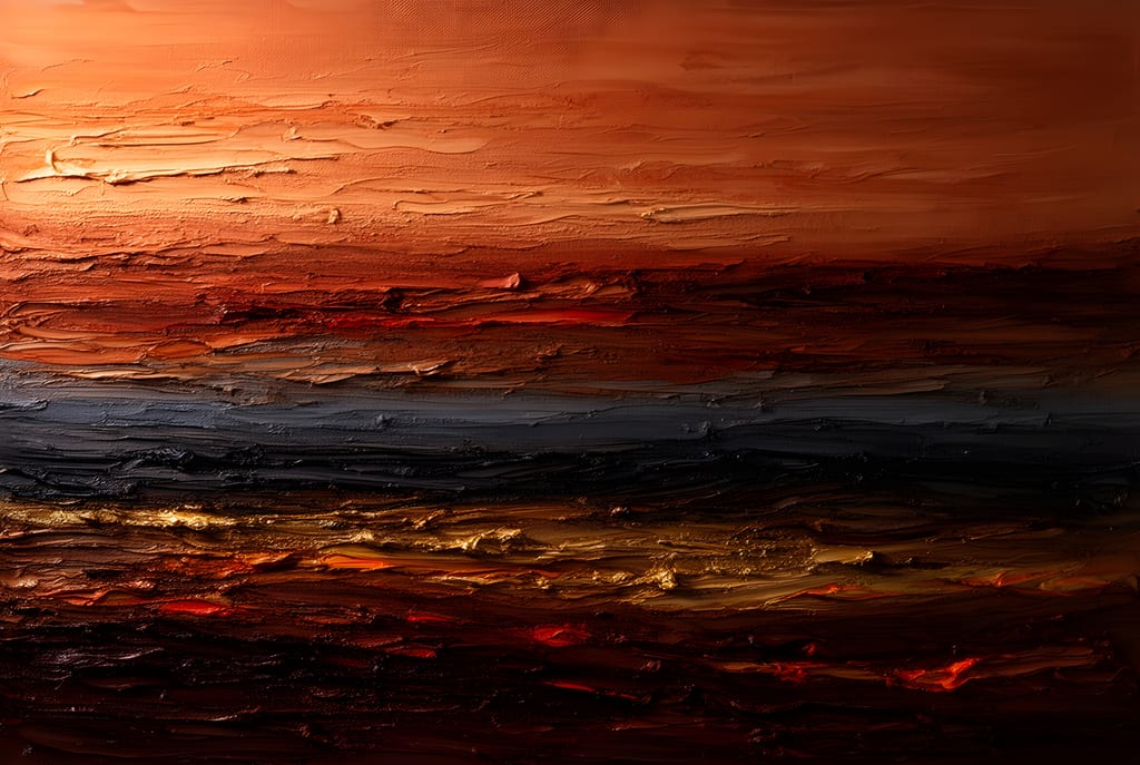 Textured abstract painting of layered horizontal bands in terracotta, burnt sienna, slate and gold.