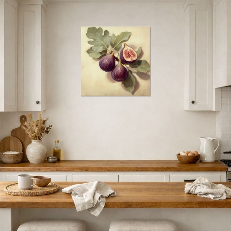 Fig Branch print hanging on a warm white kitchen wall.