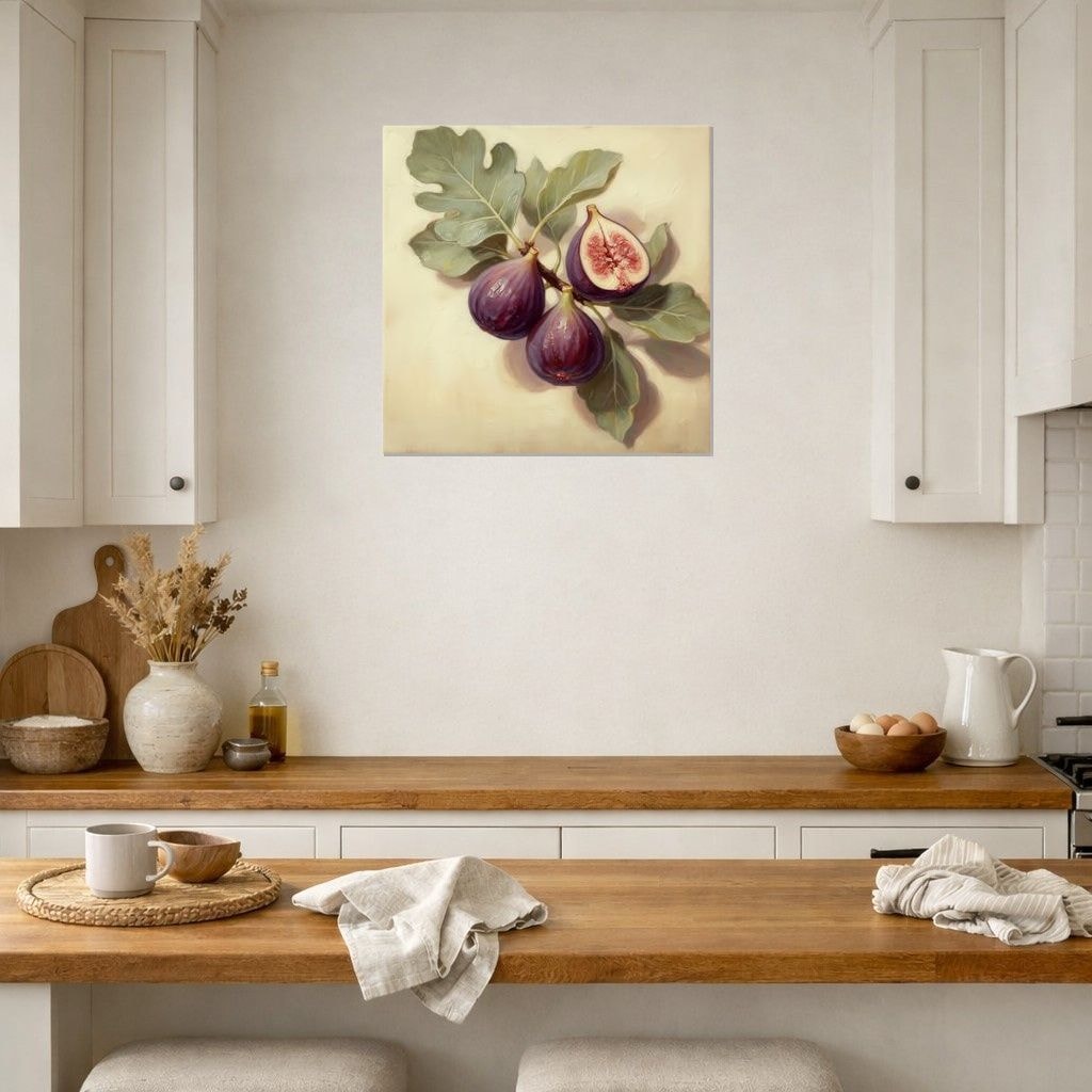 Fig Branch print hanging on a warm white kitchen wall.