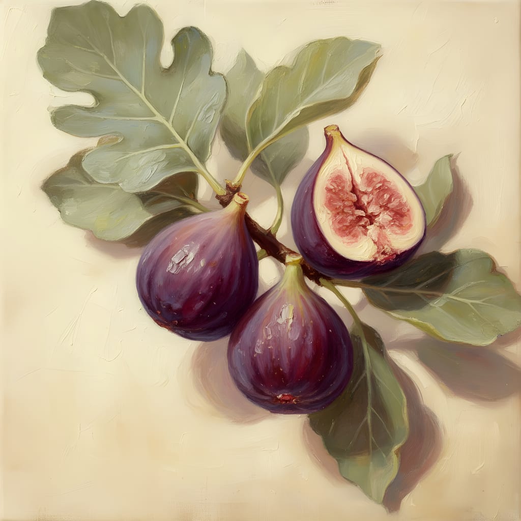 Botanical oil painting of ripe purple figs on a branch with sage green leaves.