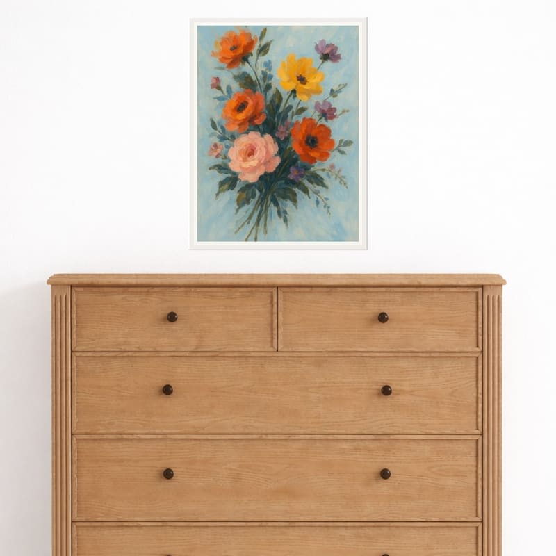 Garden Bouquet print hanging as a canvas above a dresser.