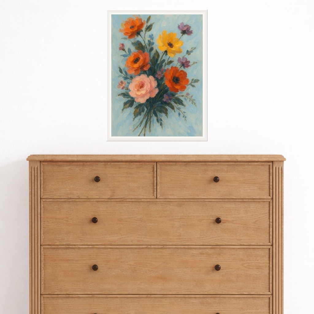 Garden Bouquet print hanging as a canvas above a dresser.