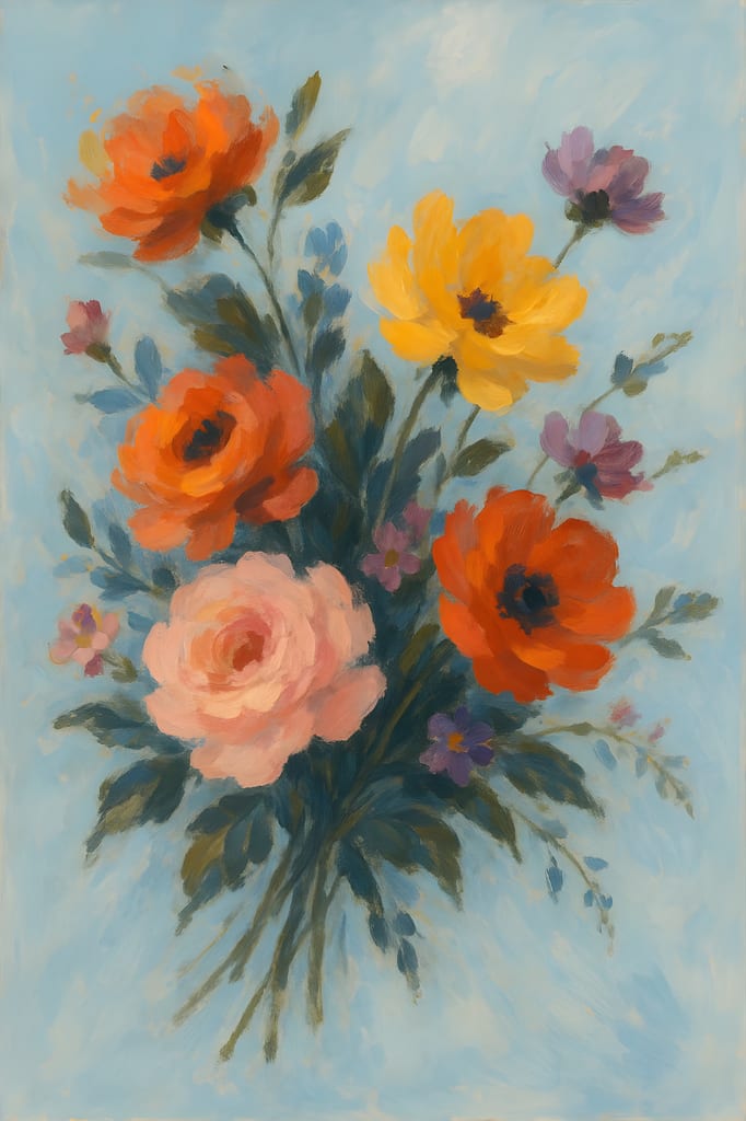 Soft vintage-style painting of a loose bouquet of roses and wildflowers.