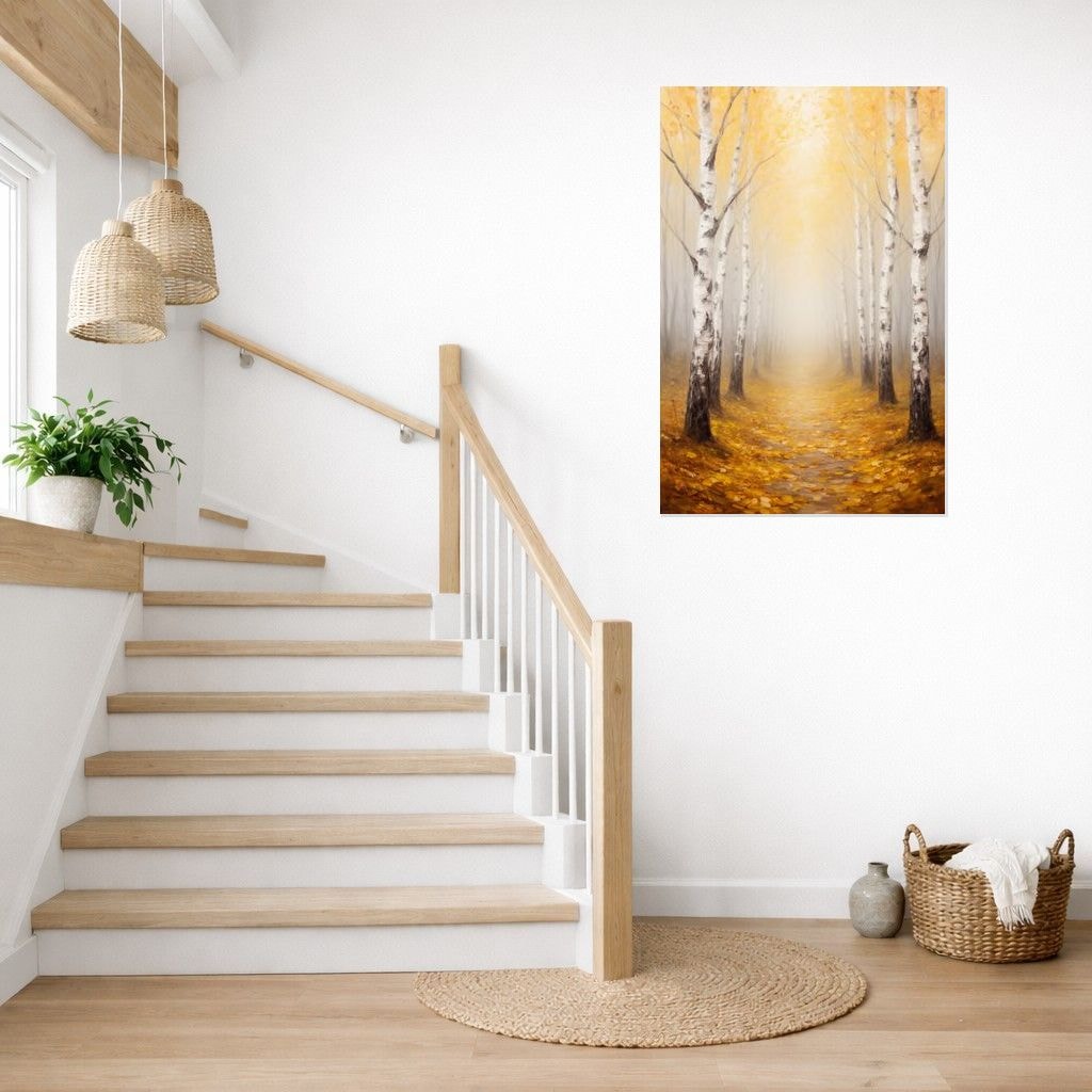 Golden Birch Path print hanging as a tall canvas beside a staircase.