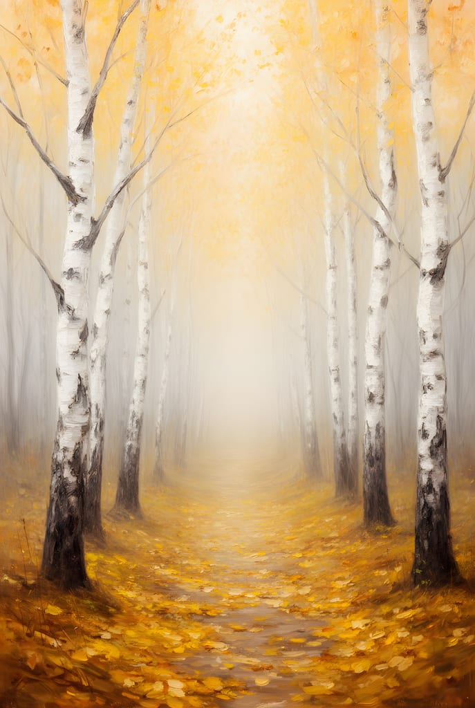 Impressionist painting of a path through a golden birch forest in soft morning fog.
