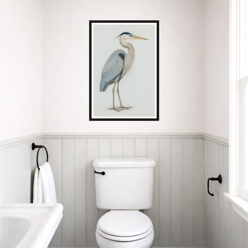 Great Blue Heron print hanging as a tall canvas on a bathroom wall.