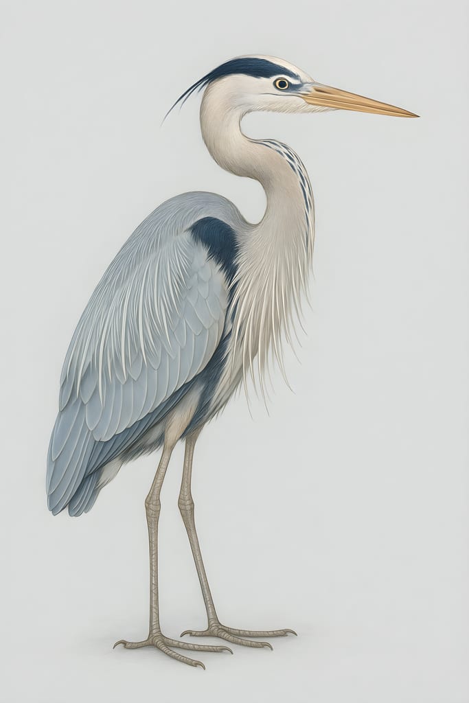 Fine-line naturalist illustration of a great blue heron among soft botanical detail.