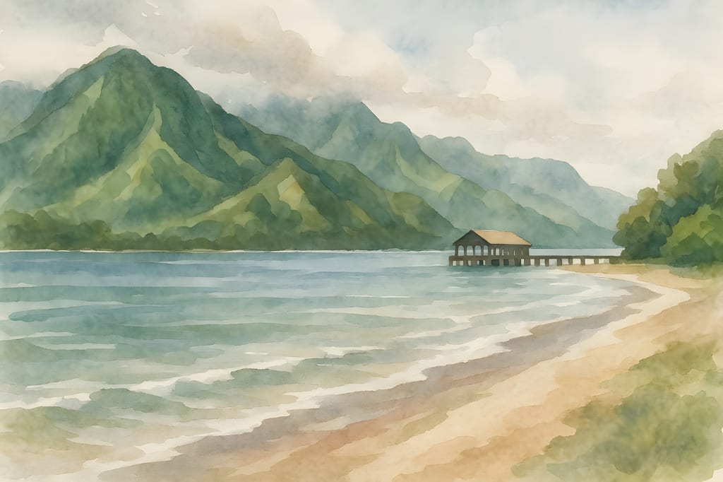 Watercolor painting of Hanalei Bay with green mountains, a pier, and turquoise water.