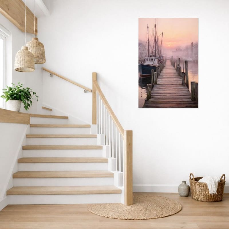Harbor Dock at Sunrise hanging as a tall canvas beside a staircase.