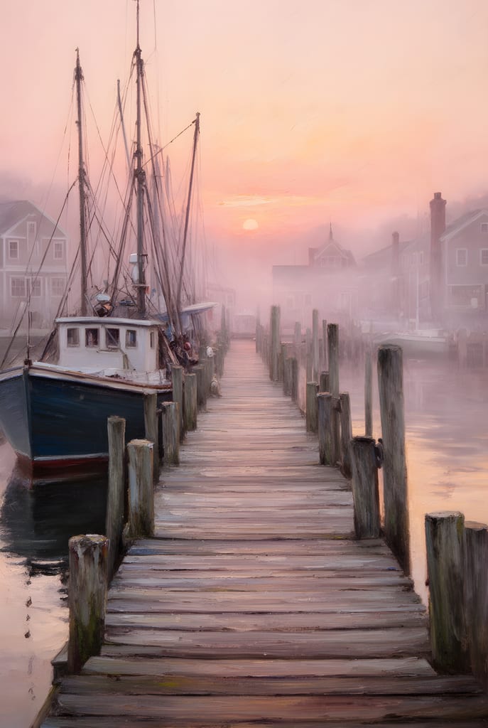 Impressionist oil painting of a weathered wooden dock and moored fishing boats in rose-gold sunrise mist.