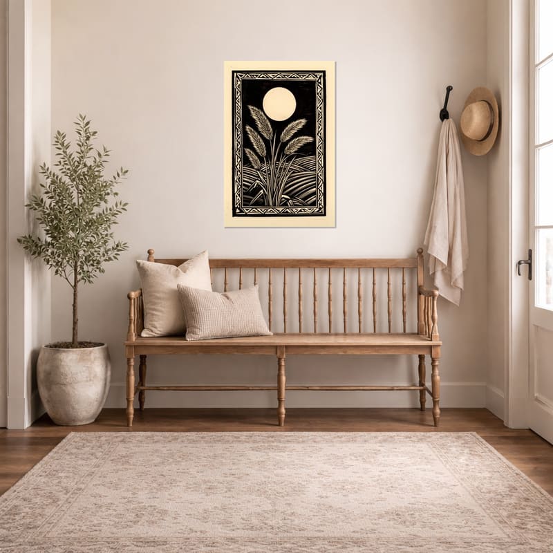 Harvest Moon Grasses print hanging above a wooden bench in an entryway.