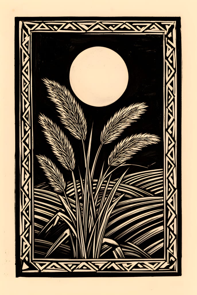 Bold black and cream linocut-style print of a full moon over stylized grasses inside a geometric border.