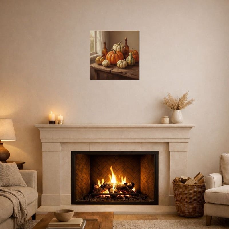 Harvest Table print hanging above a fireplace mantel with lit candles.