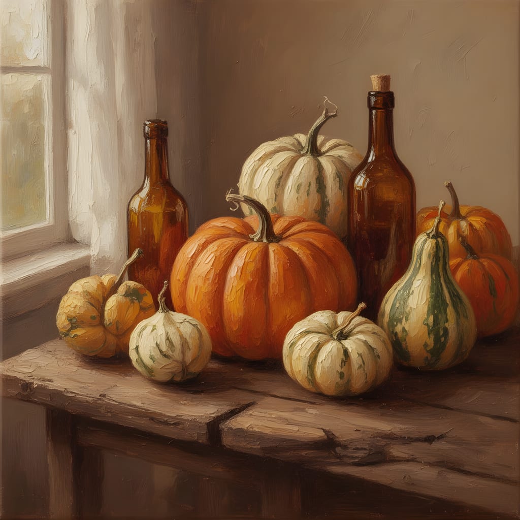 Oil still life of pumpkins, gourds and amber glass bottles on a rustic wooden table.