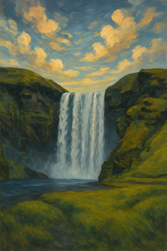 Painting of a waterfall falling through green highlands under a dramatic cloudy sky.