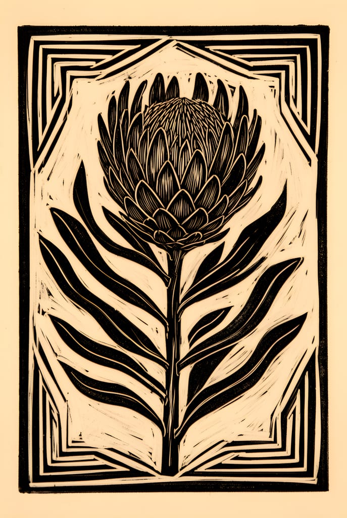 Monochrome linocut-style illustration of a protea flower inside a geometric border.