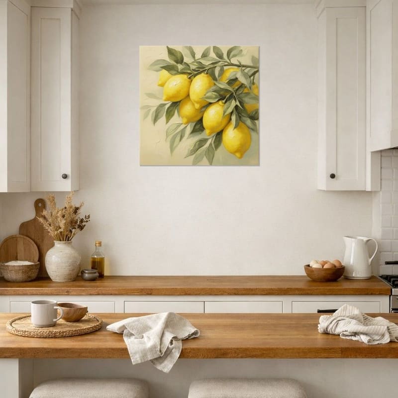 Lemon Grove print hanging on a warm white kitchen wall.