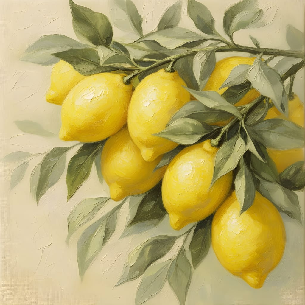 Botanical painting of lemon branches with bright yellow fruit and sage green leaves.