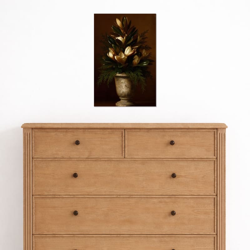 Magnolia in Stone hanging above a wooden dresser.
