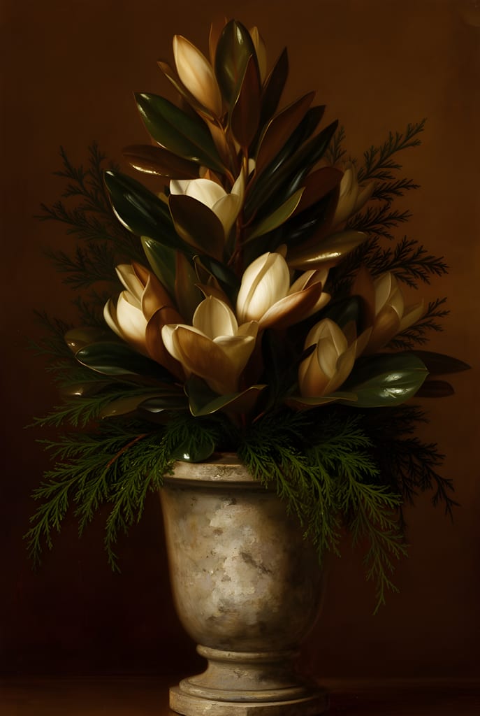 Old-world oil painting of magnolia leaves and cedar sprigs in a weathered stone urn against a deep umber ground.