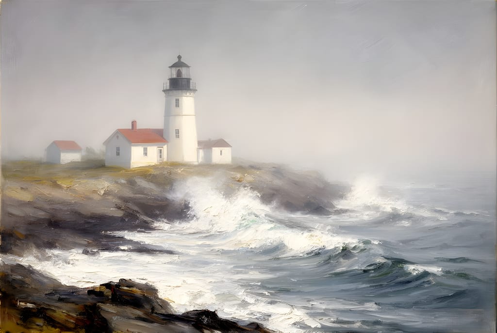 Painting of a white lighthouse on a rocky headland above breaking waves in lifting fog.