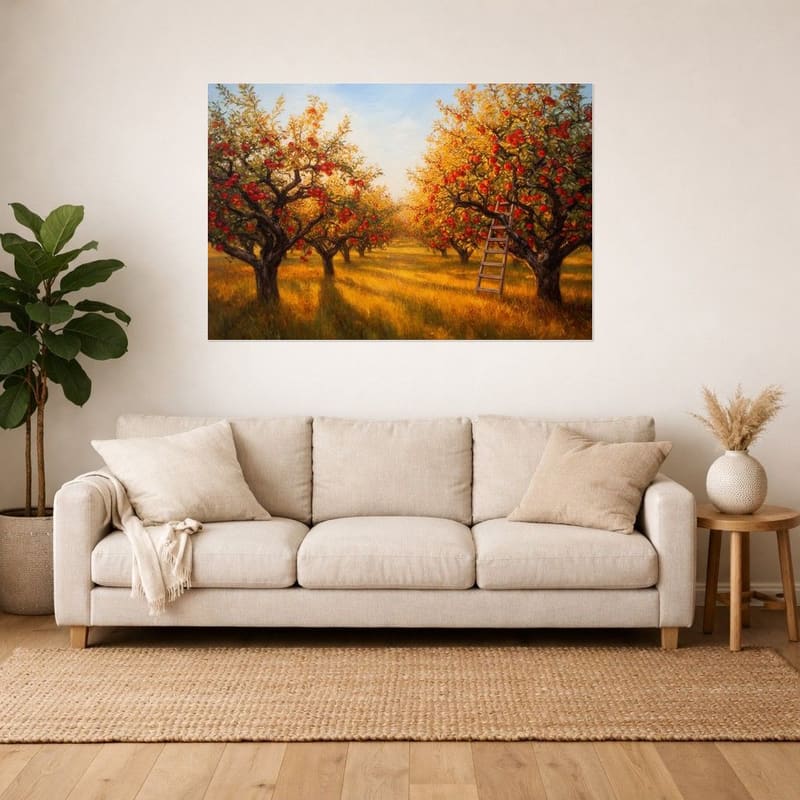 October Orchard print hanging as a large canvas above a linen sofa.