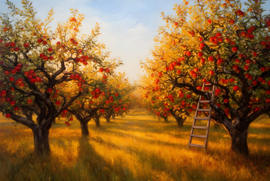 Impressionist painting of an apple orchard at golden hour with red apples and a wooden ladder.