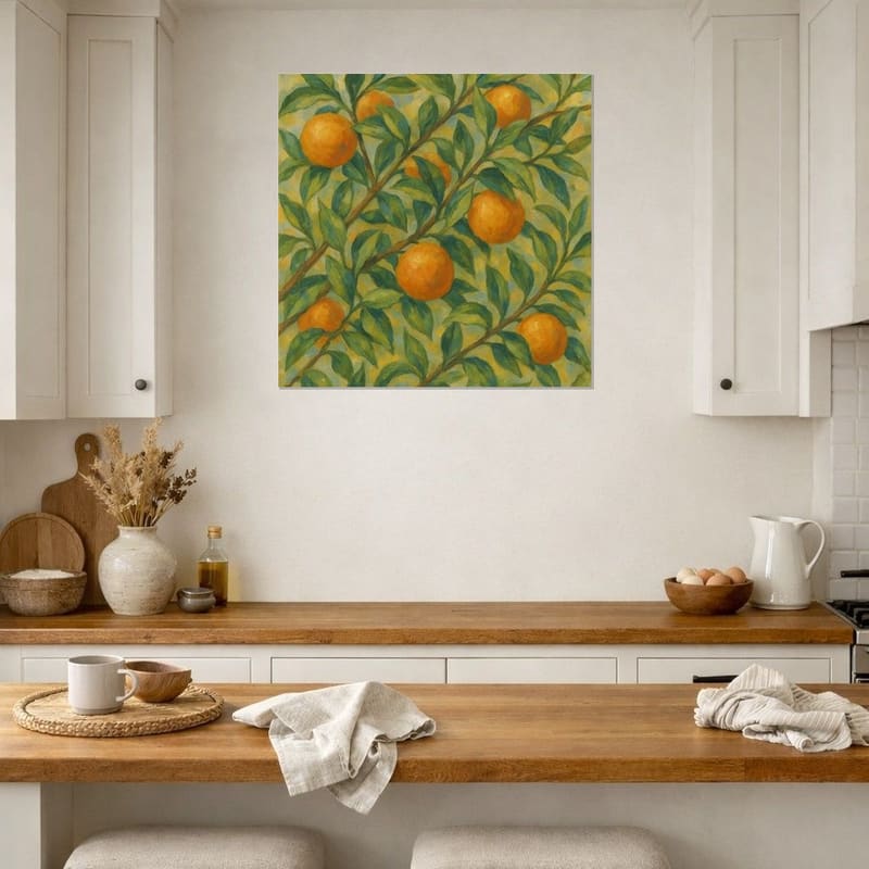 Orange Grove print hanging as a canvas on a kitchen wall above a wooden counter.