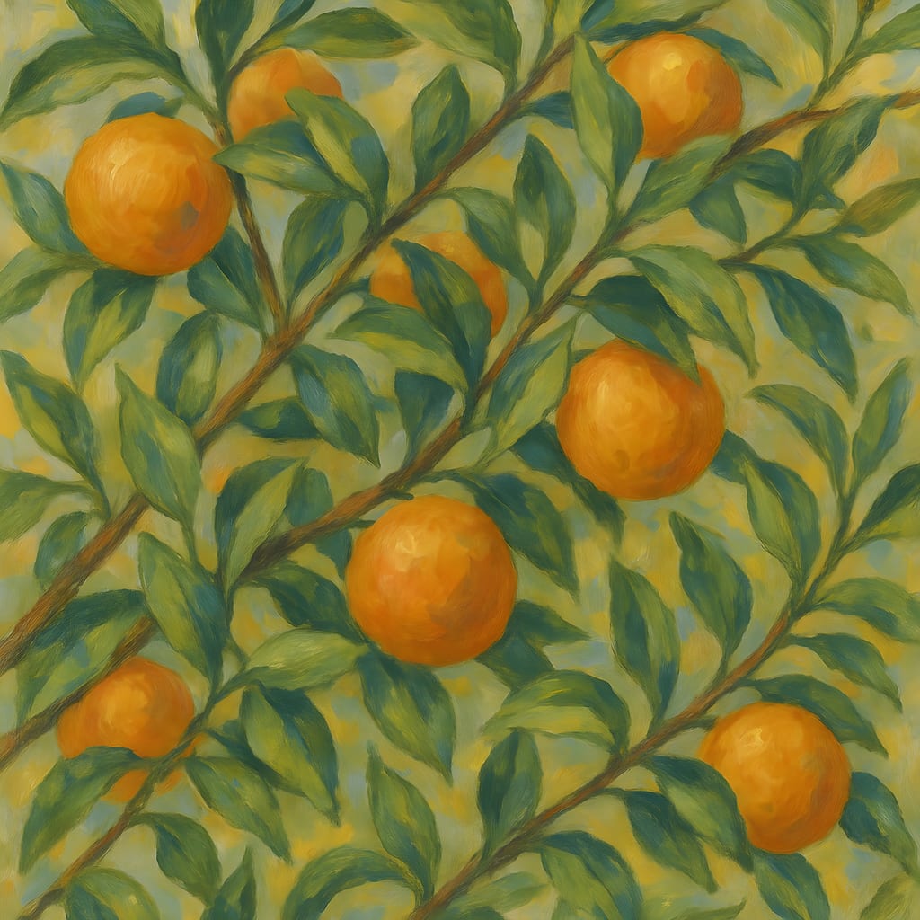 Loose botanical painting of a branch heavy with ripe oranges.