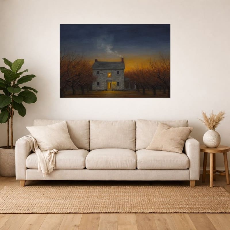 Orchard Farmhouse at Dusk hanging as a wide canvas in a living room.