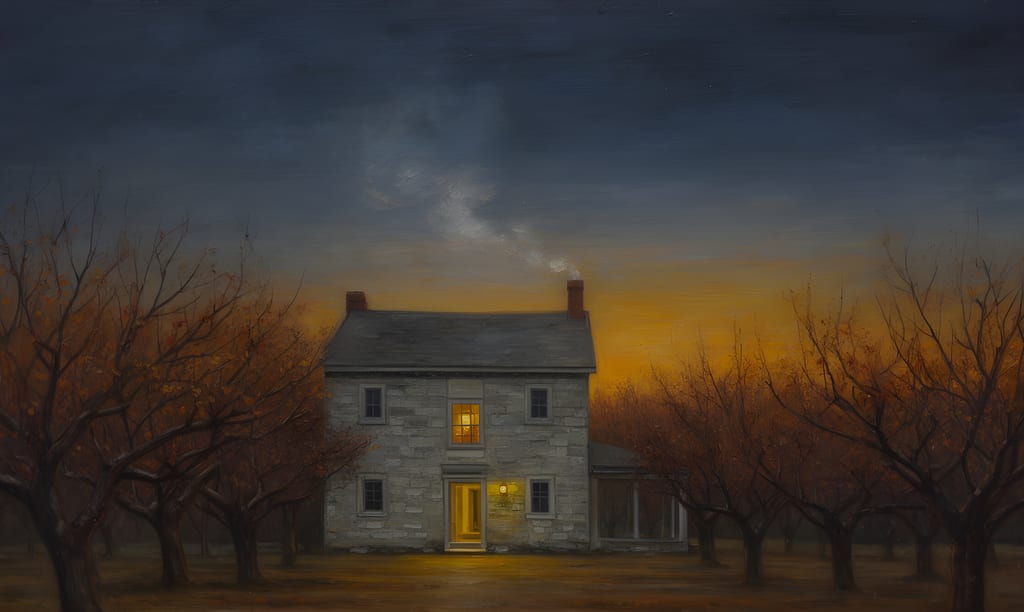 Tonalist oil painting of a stone farmhouse with a lit window and chimney smoke in a bare autumn orchard at dusk.
