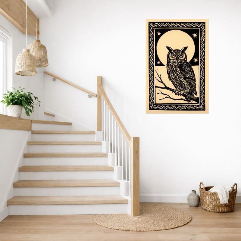 Owl & Moon print hanging as a tall piece beside a staircase.