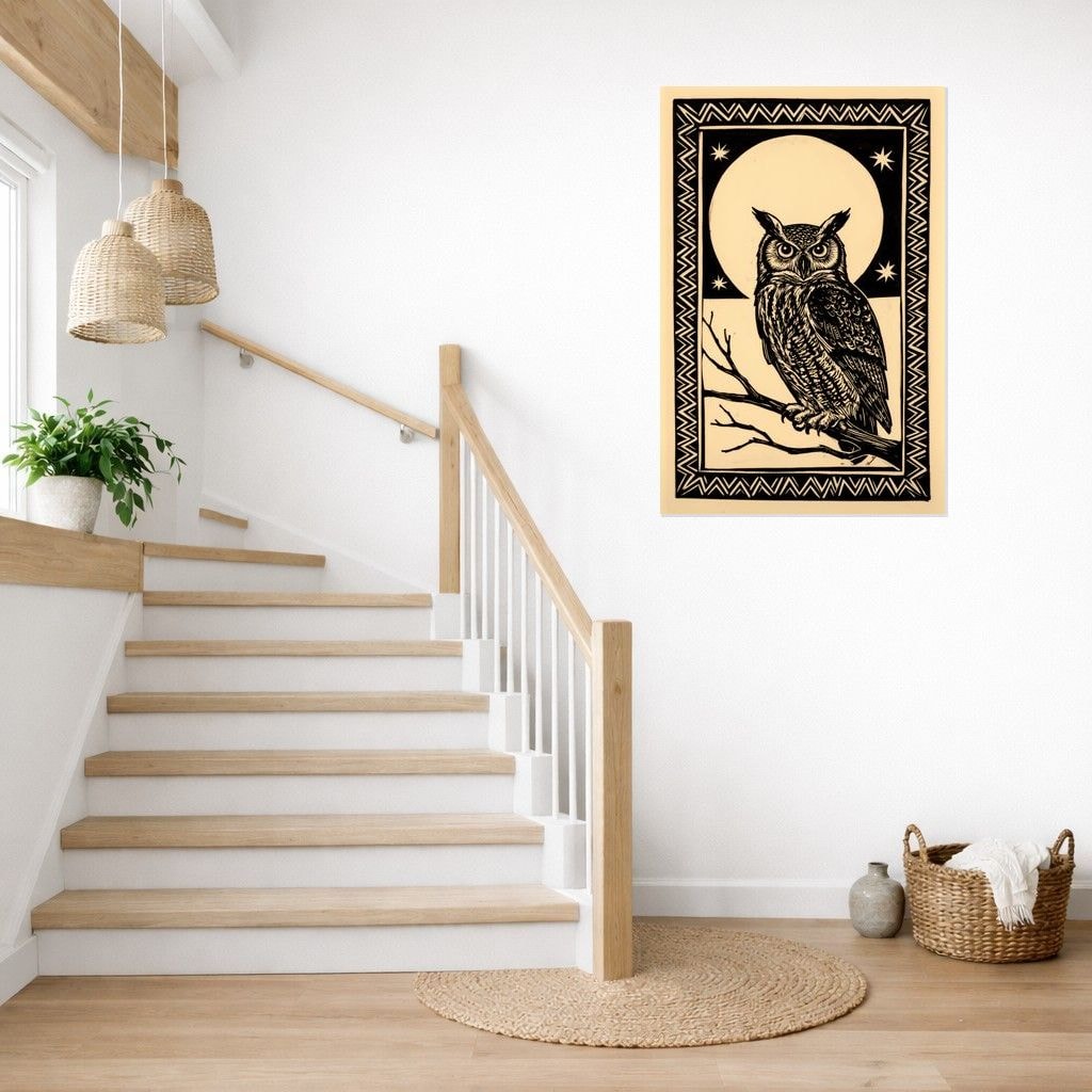 Owl & Moon print hanging as a tall piece beside a staircase.