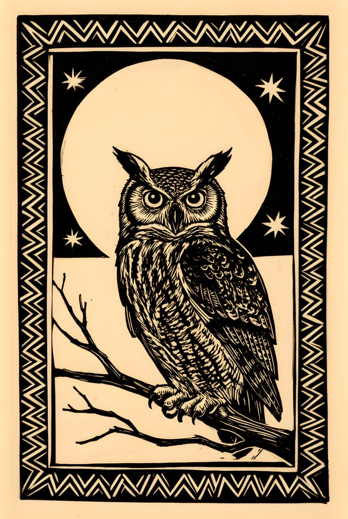 Bold black and cream linocut-style print of a great horned owl on a branch beneath a full moon.