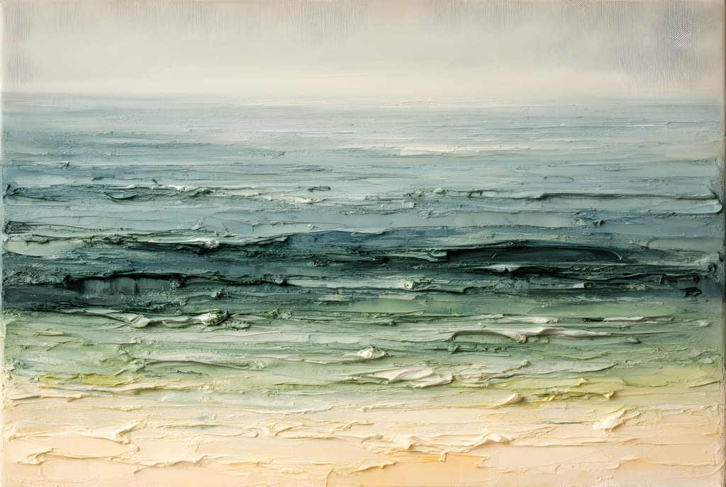 Textured abstract seascape in bands of weathered blue-green, jade and warm cream.