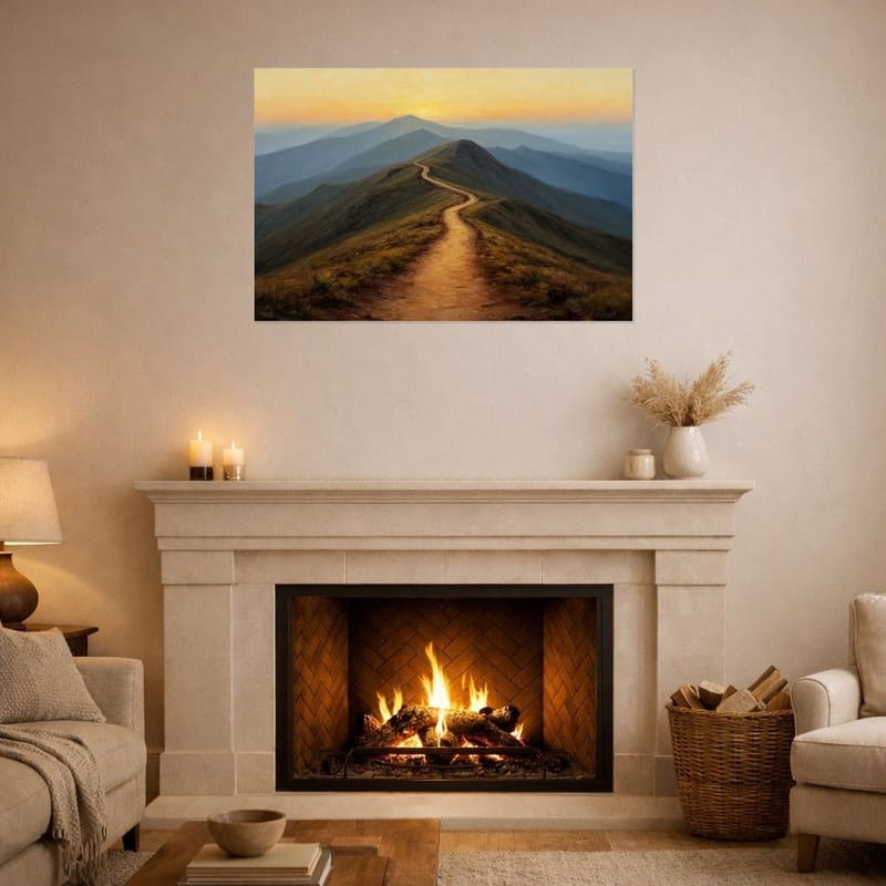 Ridgeline Trail hanging as a wide canvas above a fireplace.