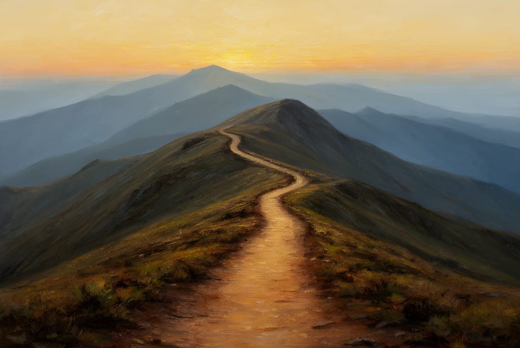 Impressionist oil painting of a dirt trail climbing a mountain ridge at sunrise with layered blue peaks beyond.