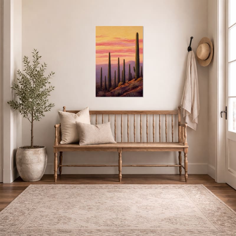 Saguaro Dusk print hanging above a wooden bench in an entryway.