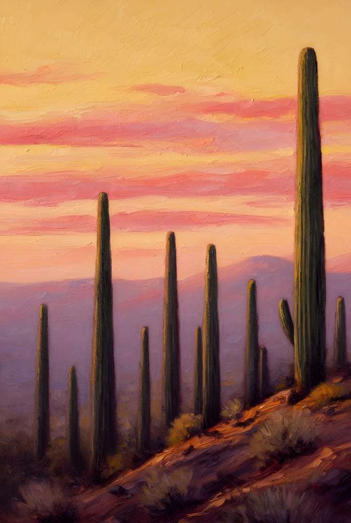 Painting of tall saguaro cacti silhouetted against a glowing amber and rose desert dusk sky.